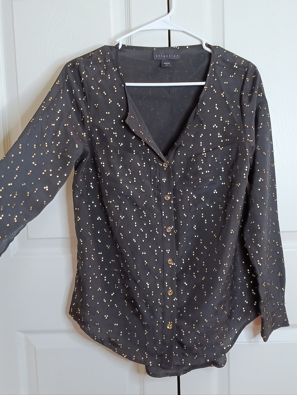 attention Charcoal Button-Down Blouse with Gold‎ Dot Print